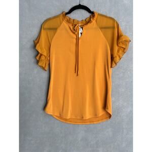 NY Collection Women's Size PL Ruffle Sleeve Crepe Knit Top Yellow NEW